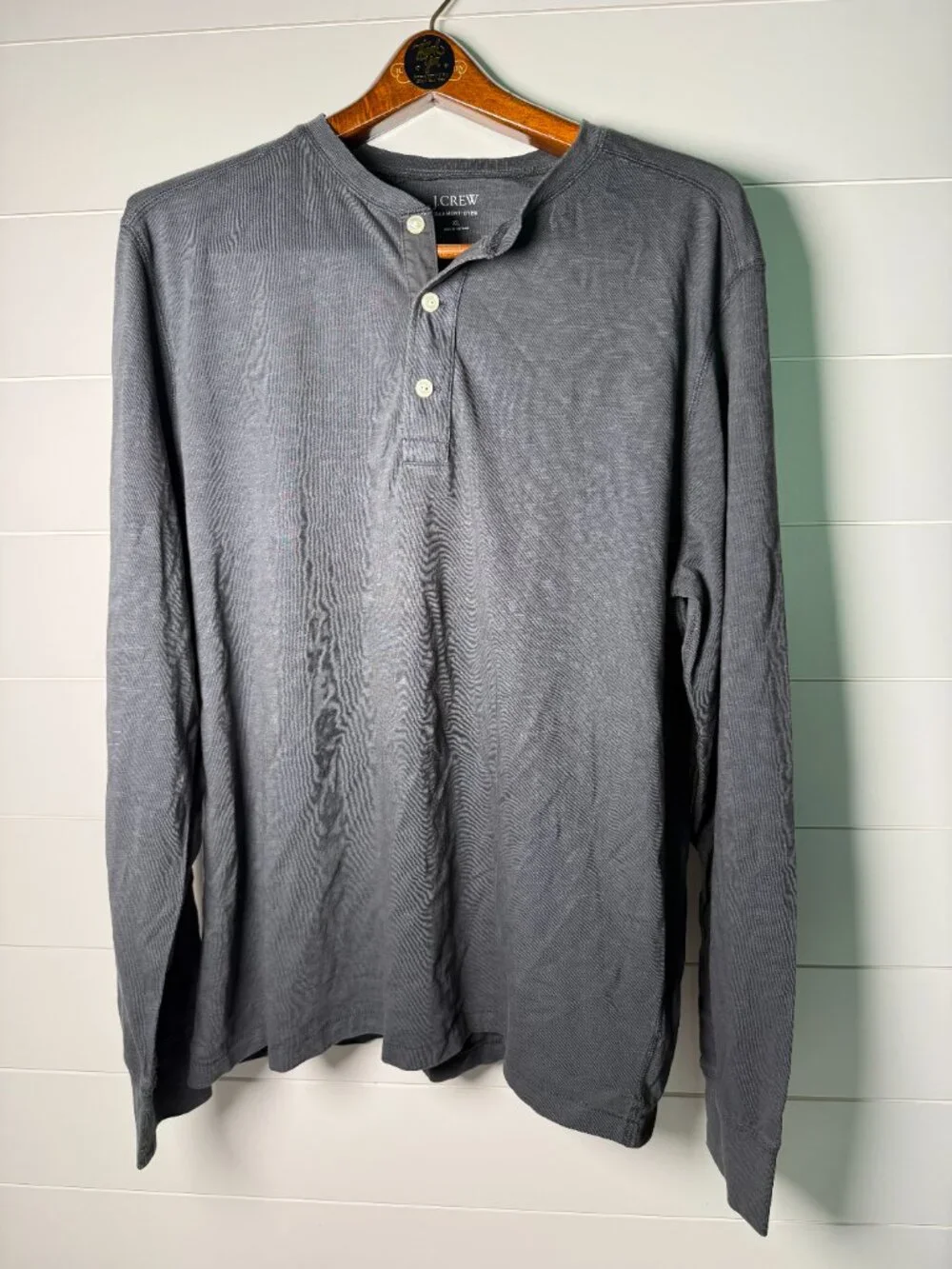 J. Crew Long Sleeve Quarter Button Henley Gray Garment Dyed 100% Cotton XL